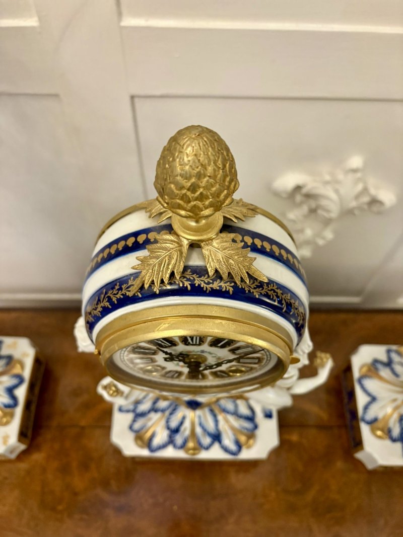 Outstanding Quality Large Antique Victorian French Porcelain and Gilded Metal Clock Set - Image 4